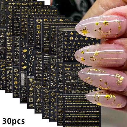 Set of 30pcs Stickers - 3D Laser Gold Star/Moon Geometry
