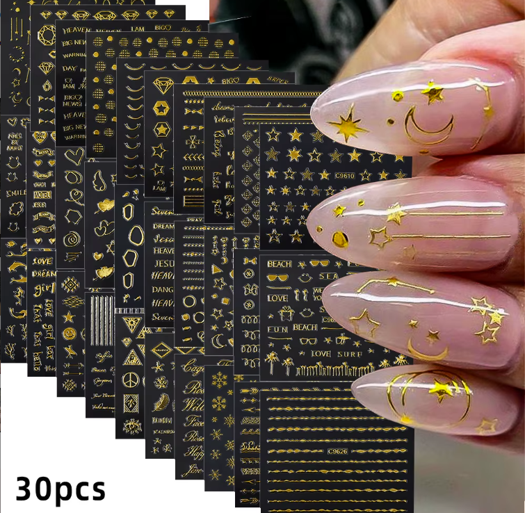 Set of 30pcs Stickers - 3D Laser Gold Star/Moon Geometry