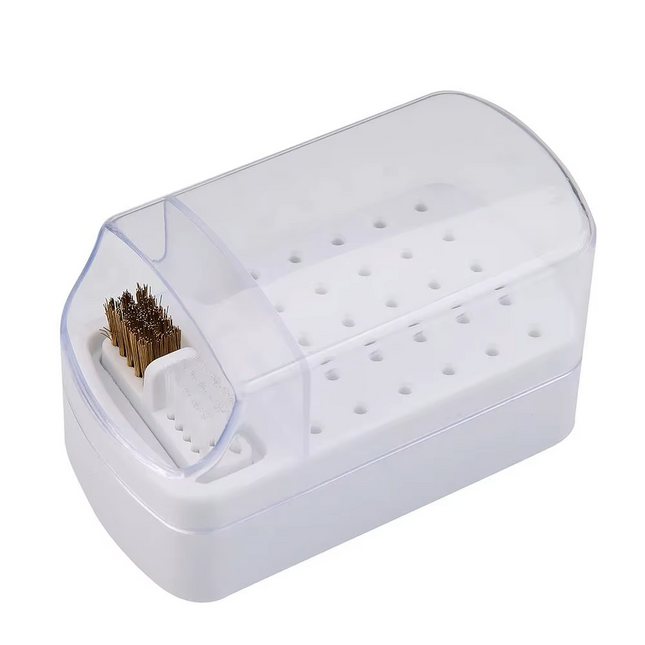 2-in-1 Nail Drill Bits Storage Box with 30 Holes Cleaning Brush (White)