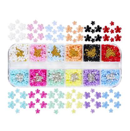3D Acrylic Flower Charms Multi-colors with Caviar Beads Pearls - Set of Grids 12