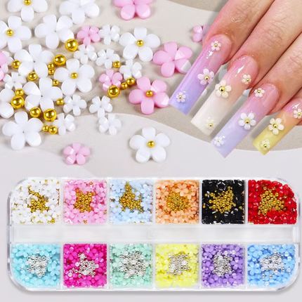3D Acrylic Flower Charms Multi-colors with Caviar Beads Pearls - Set of Grids 12