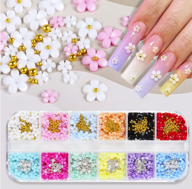 3D Acrylic Flower Charms Multi-colors with Caviar Beads Pearls - Set of Grids 12
