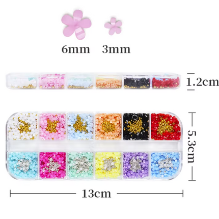 3D Acrylic Flower Charms Multi-colors with Caviar Beads Pearls - Set of Grids 12