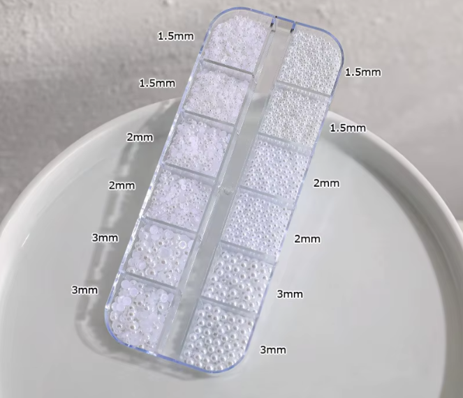 Full & Half Round White Pearls Caviar Nail Beads Charms - Set of Grids 12
