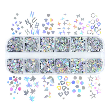 Holographic Sequin Confetti Flakes in Various Shapes Nail Art - Set of 12 grids
